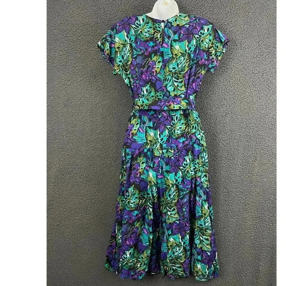 VTG Luci Pellini Tropical Floral Print Dress Sz 10 Regular 80's Belted Women's - Picture 2 of 14
